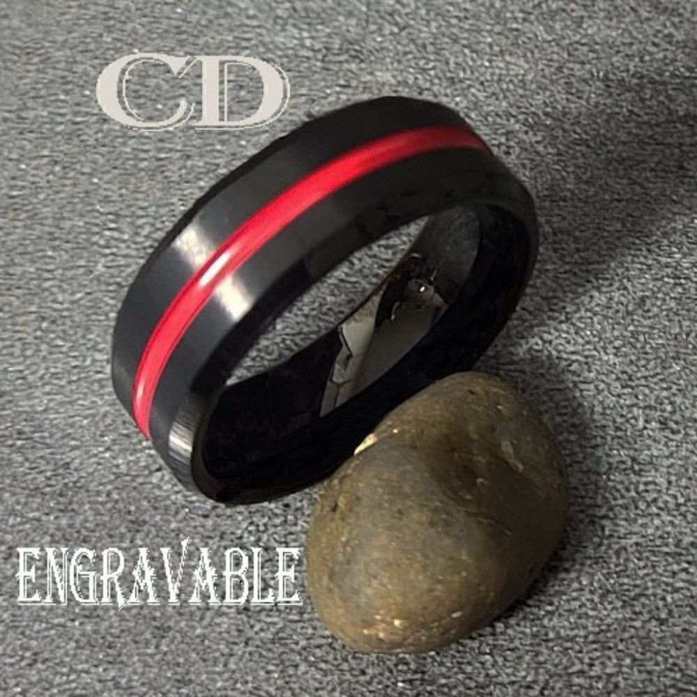 Personalized Men's Real Black Tungsten Wedding Ring With Red Line Center Groove